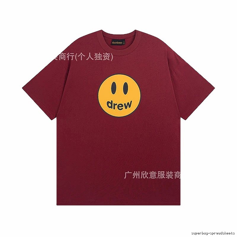 DREW Smiley Face Streetwear Style Burgundy Short Sleeve T-Shirt
