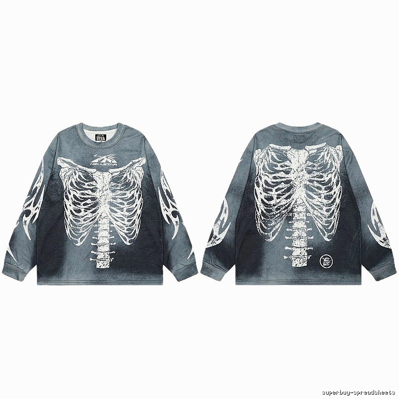 Hellstar Skull Print Street Style Vintage Grey Long Sleeve T-shirt