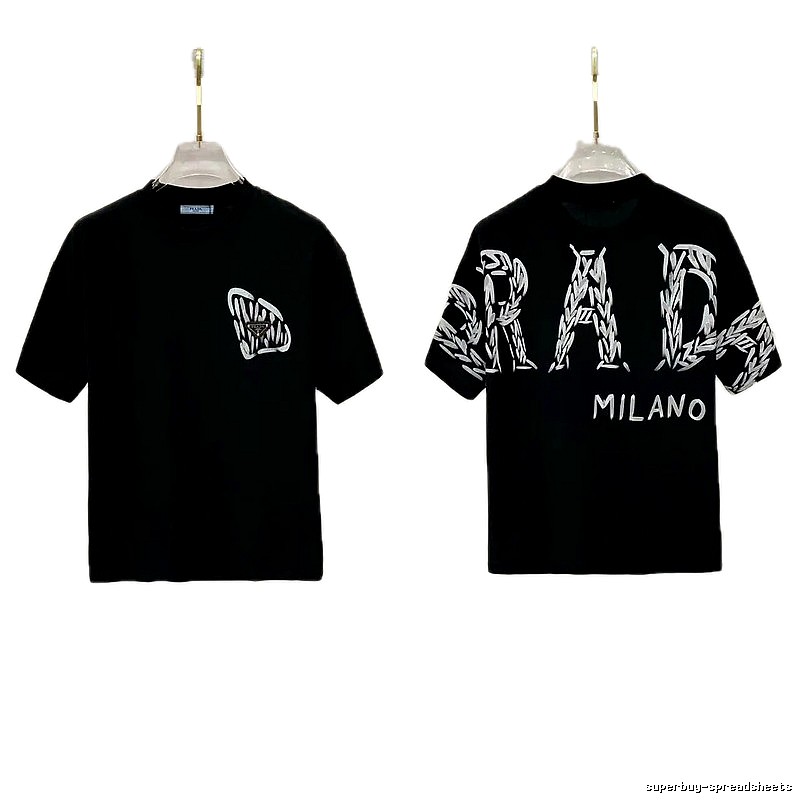 Prada Embroidered Streetwear Style Black Short-sleeve T-shirt