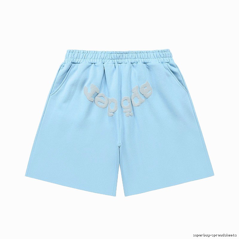 Sp5der letter-style light blue shorts